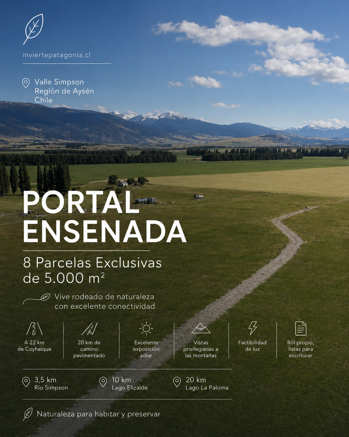 Inviertepatagonia.cl - vivir a minutos de Coyhaique - parcelas planas con exposición norte, servidumbre construida y acceso pavimentado todo el año.